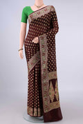 Brown Blended Banarasi Georgette Saree with Thread Butta on the body and Zari And Thread Border.  displayed on a mannequin