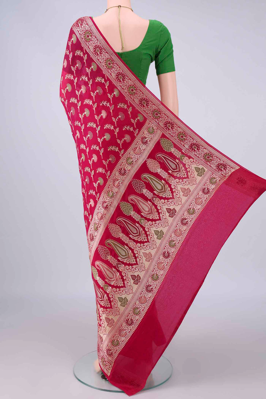 Flat view of Dark Pink Blended Banarasi Georgette Saree with Thread Brocade on the body and Zari And Thread Border. 