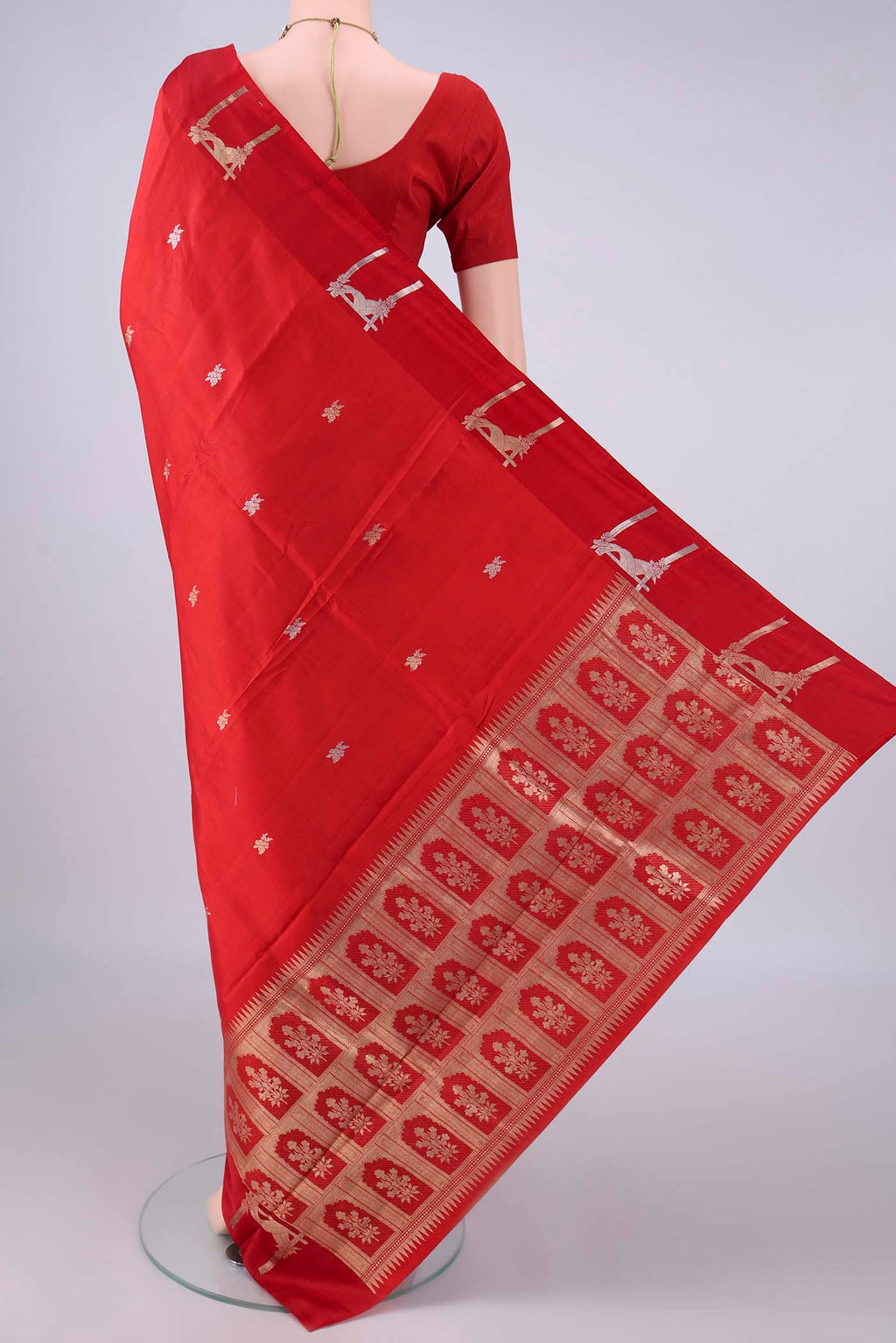 Flat view of Pure Silk Red Banarasi Katan Saree with Zari Butta on the body and Satin Border. 