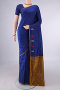Pure Silk Blue Kanchipuram Saree with Plain Body and Zari And Thread Border.  displayed on a mannequin