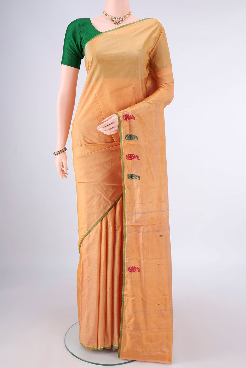 Pure Silk Sandal Kanchipuram Saree with Plain Body and Zari And Thread Border.  displayed on a mannequin