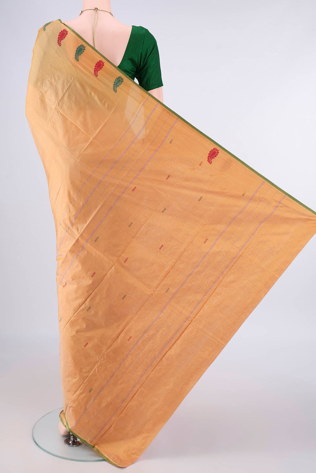Flat view of Pure Silk Sandal Kanchipuram Saree with Plain Body and Zari And Thread Border. 
