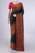 Pure Silk Black Kanchipuram Saree with Checked design on the body and Plain Border.  displayed on a mannequin