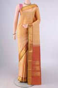 Pure Silk Sandal Dual Tone Kanchipuram Saree with Checked design on the body and Zari Border.  displayed on a mannequin