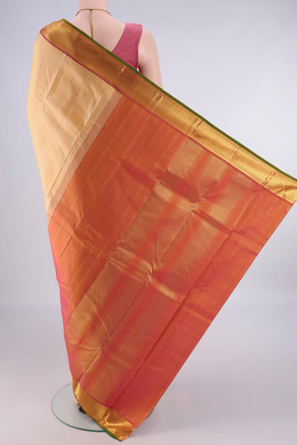 Flat view of Pure Silk Sandal Dual Tone Kanchipuram Saree with Checked design on the body and Zari Border. 