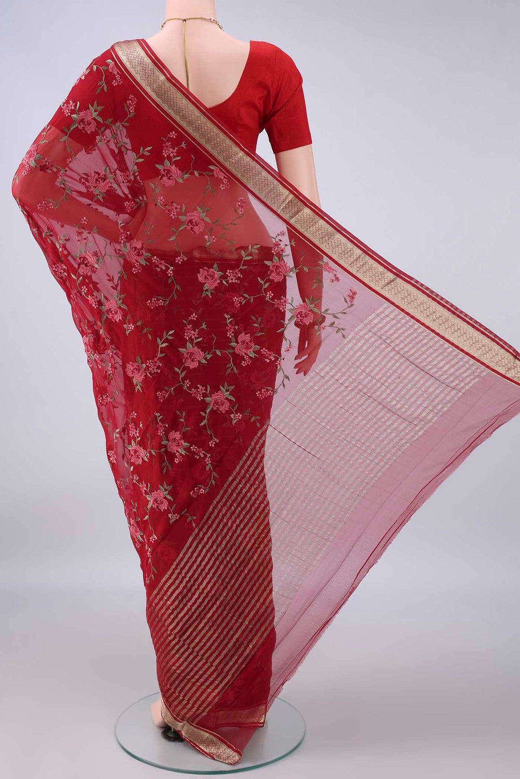 Flat view of Red Mysore Chiffon Saree with Embroidery on the body and Zari Border. 