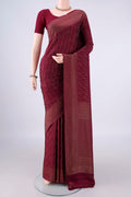 Maroon Mysore Crepe Saree with Zari Brocade on the body and Zari Border.  displayed on a mannequin