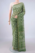 Mehandi Green Chanderi Cotton Saree with Batik Print on the body and Thin Zari Line.  displayed on a mannequin