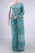 Blue Chanderi Cotton Saree with Batik Print on the body and Thin Zari Line.  displayed on a mannequin