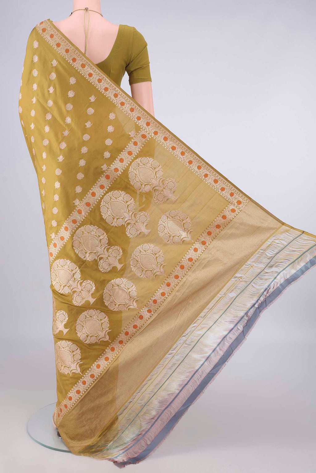Flat view of Pure Silk Mustard Banarasi Saree with Zari Butta on the body and Zari And Thread Border. 