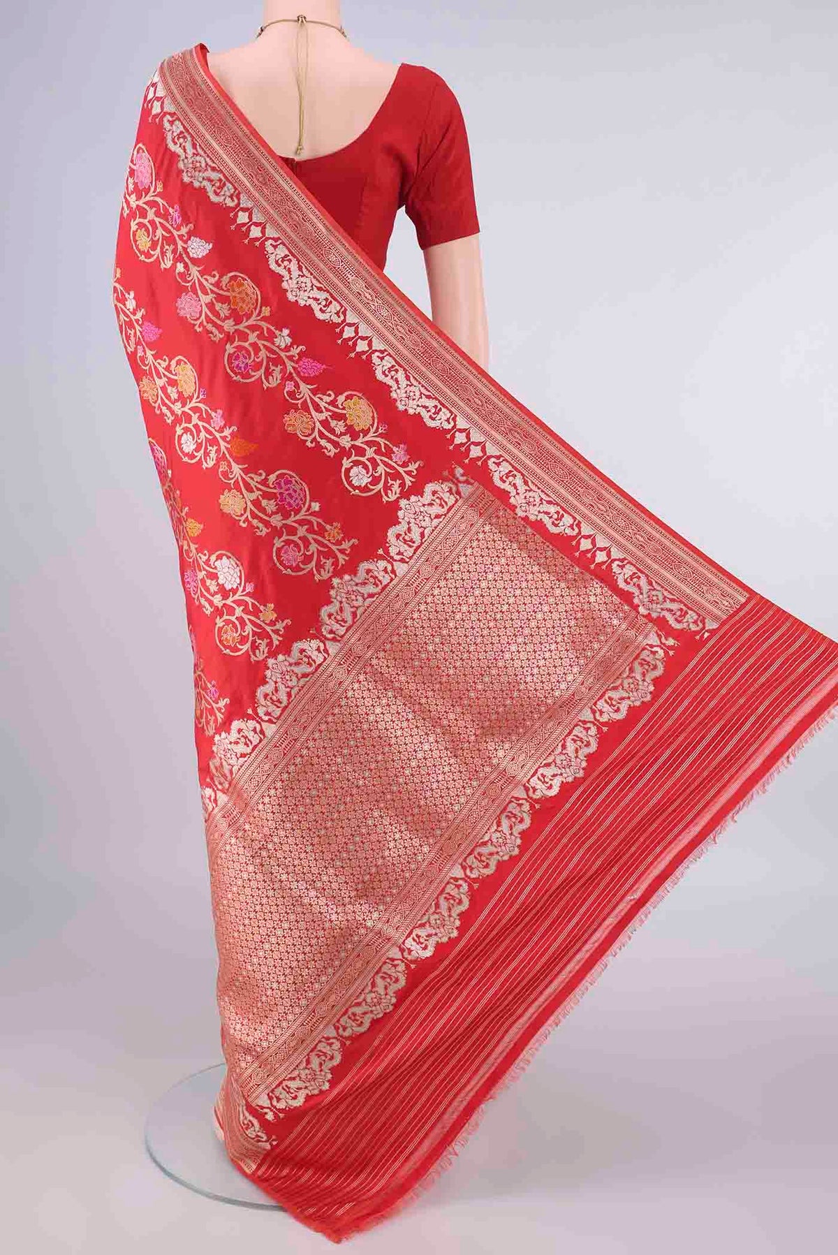 Flat view of Pure Silk Red Banarasi Saree with Zari Brocade on the body and Zari Border. 