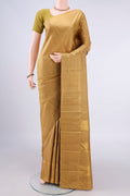 Pure Silk Golden Kanchipuram Saree with Checked design on the body and Zari Border.  displayed on a mannequin