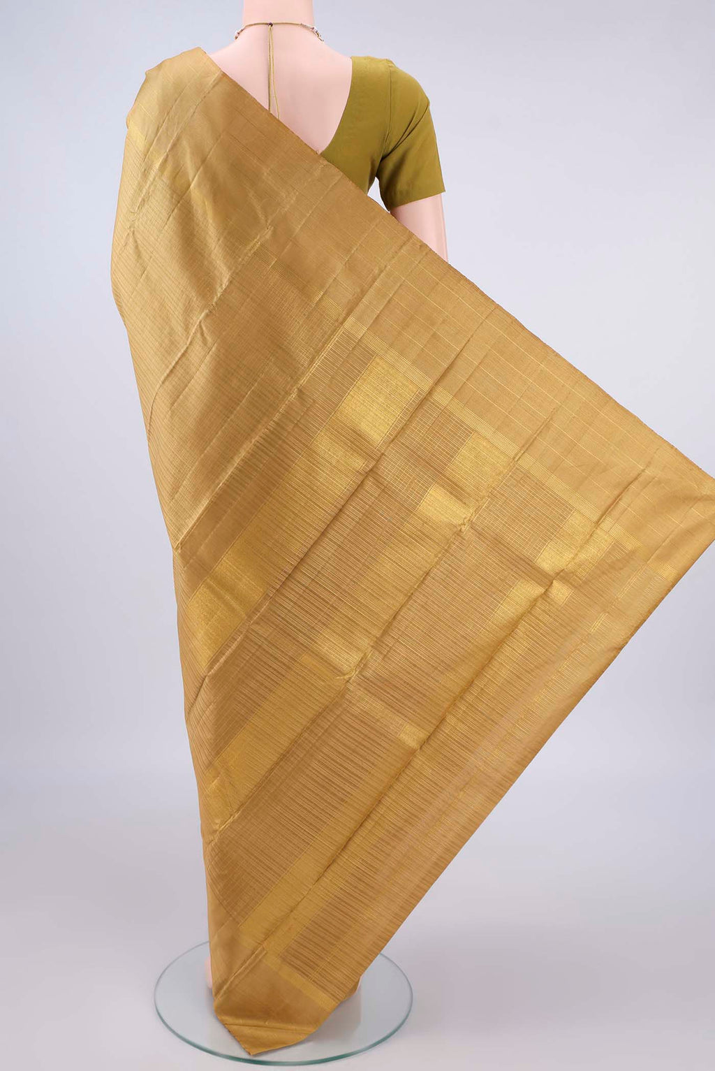 Flat view of Pure Silk Golden Kanchipuram Saree with Checked design on the body and Zari Border. 
