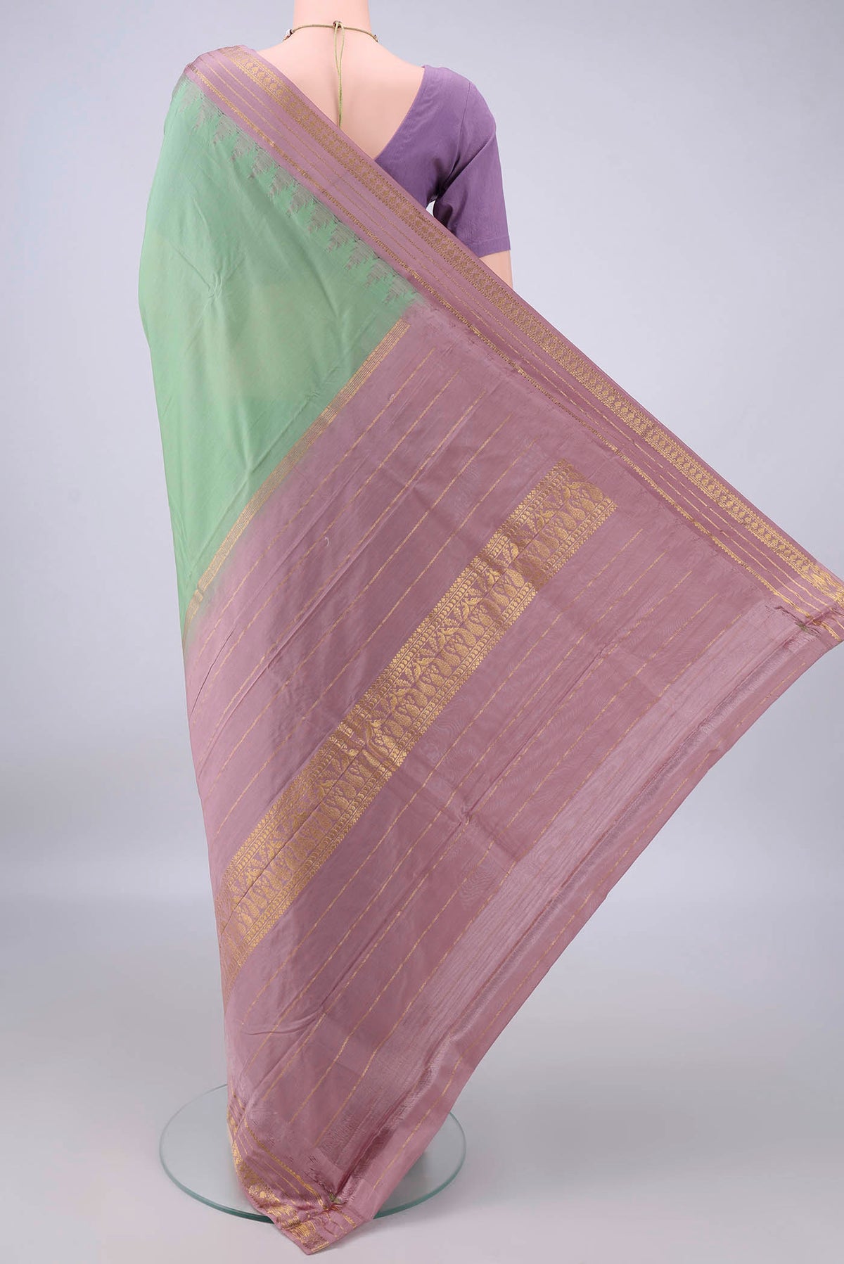 Flat view of Pure Silk Light Green Bangalore - kadyal Saree with Plain Body and Zari Border. 