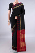 Pure Silk Black Bangalore - kadyal Saree with Plain Body and Temple Border.  displayed on a mannequin