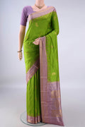 Pure Silk Green Bangalore - kadyal Saree with Zari Butta on the body and Zari Border.  displayed on a mannequin