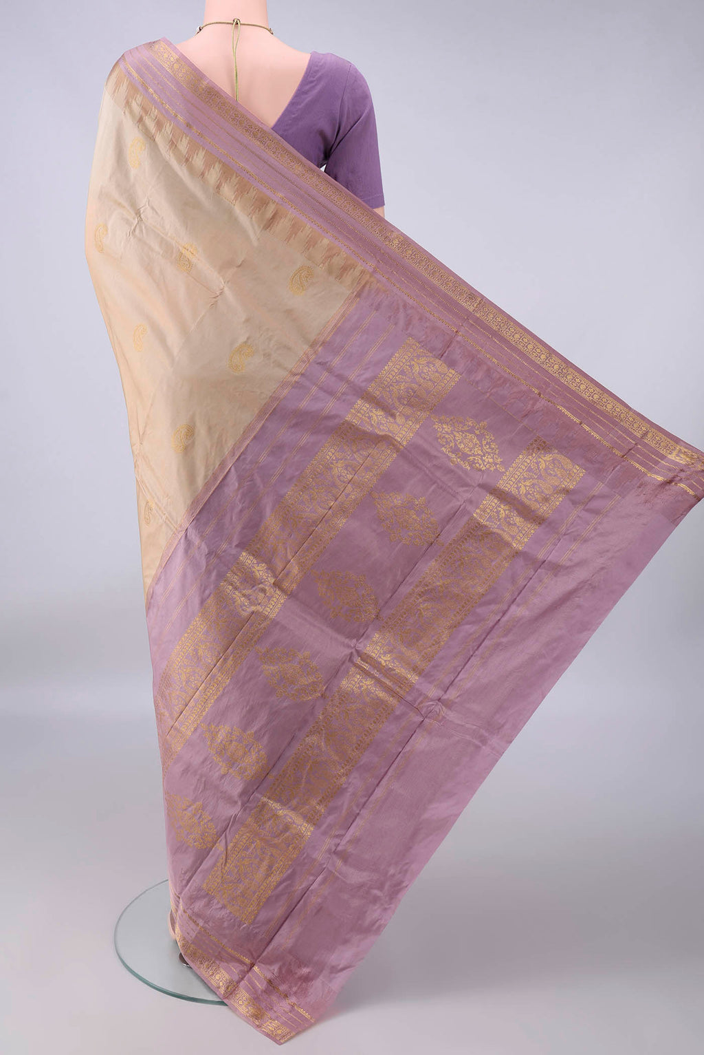 Flat view of Pure Silk Beige Bangalore - kadyal Saree with Zari Butta on the body and Zari Border. 
