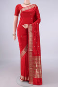 Pure Silk Red Banarasi Katan Saree with Zari Butta on the body and Zari Border.  displayed on a mannequin