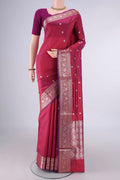 Pure Silk Maroon Dual Tone Banarasi Katan Saree with Zari Butta on the body and Zari Border.  displayed on a mannequin