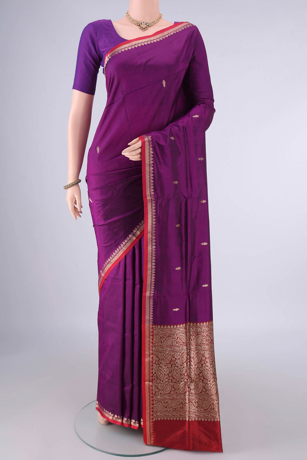 Pure Silk Purple Banarasi Katan Nine Yards Saree with Zari Butta on the body and Zari Border.  displayed on a mannequin