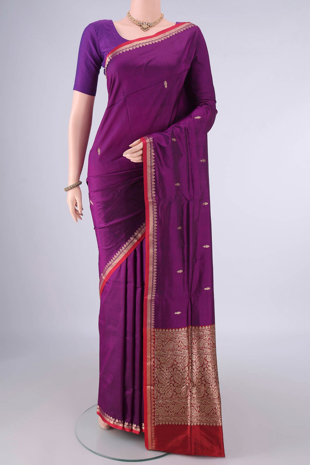 Pure Silk Purple Banarasi Katan Nine Yards Saree with Zari Butta on the body and Zari Border.  displayed on a mannequin