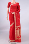 Pure Silk Red Banarasi Katan Saree with Thread Butta on the body and Thread Border.  displayed on a mannequin