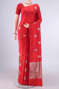 Pure Silk Red Banarasi Katan Saree with Zari Butta on the body and Without Border.  displayed on a mannequin