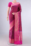Pure Silk Magenta Dual Tone Banarasi Katan Saree with Zari Butta on the body and Zari Border.  displayed on a mannequin