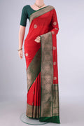 Pure Silk Red Banarasi Katan Saree with Zari Butta on the body and Zari Border.  displayed on a mannequin