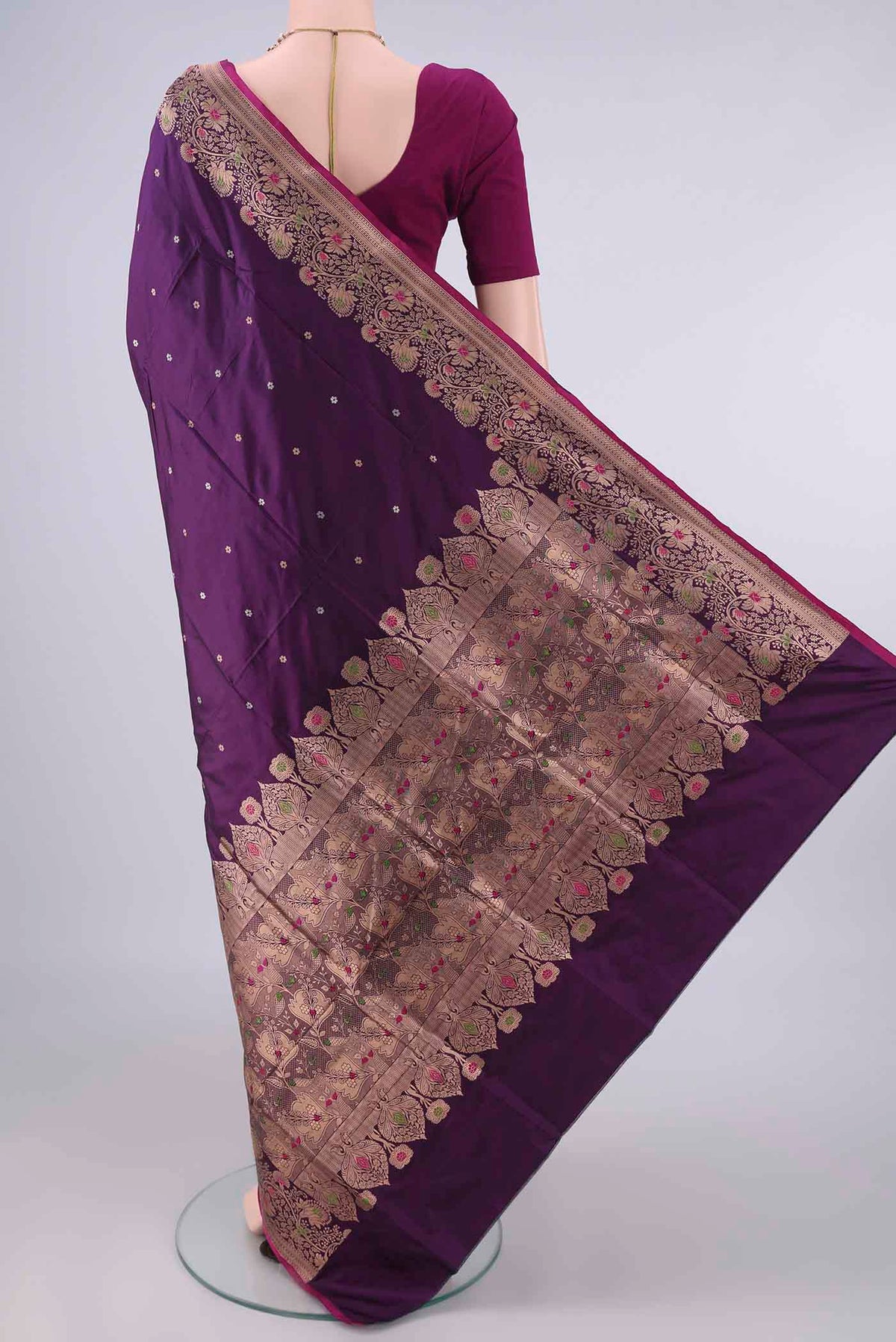 Flat view of Pure Silk Purple Banarasi Katan Saree with Zari Butta on the body and Zari Border. 