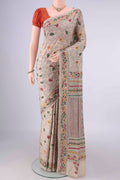 Beige Tussar Saree with Kantha Work on the body and Thread Border.  displayed on a mannequin