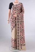 Beige Tussar Saree with Kantha Work on the body and Thread Border.  displayed on a mannequin