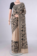 Beige Tussar Saree with Kantha Work on the body and Thread Border.  displayed on a mannequin