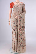 Dark Beige Tussar Saree with Kantha Work on the body and Thread Border.  displayed on a mannequin