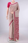 Beige Tussar Saree with Kantha Work on the body and Thread Border.  displayed on a mannequin