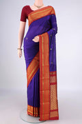 Navy Blue Blended Bangalore Silk Saree with Zari Butta on the body and Zari Border.  displayed on a mannequin