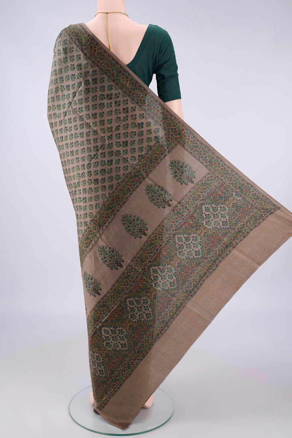 Flat view of Pure Silk Dark Beige Printed Saree with Printed design on the body and Printed Border. 