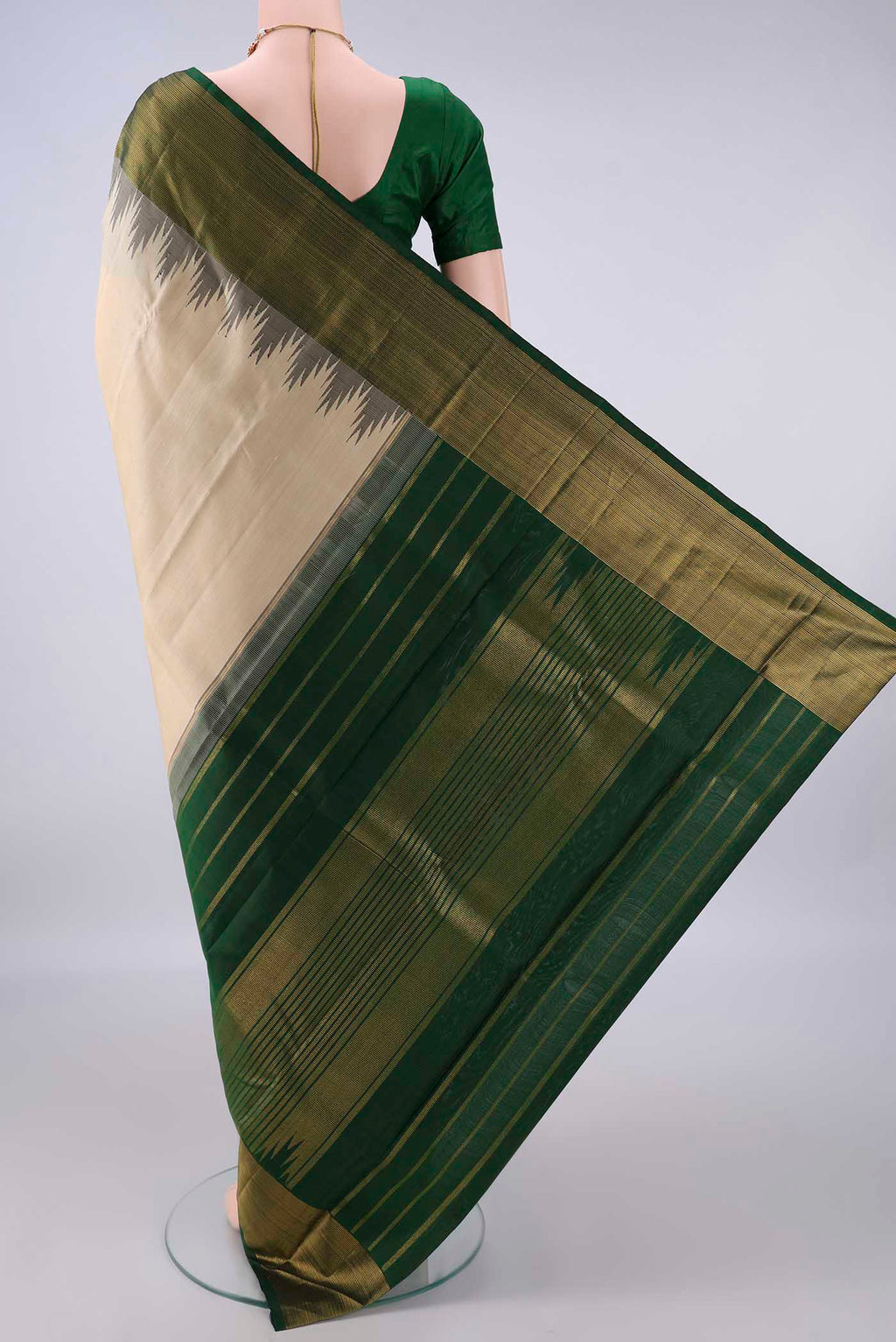 Flat view of Pure Silk Sandal Kanjivaram Saree with Plain Body and Temple Border. 