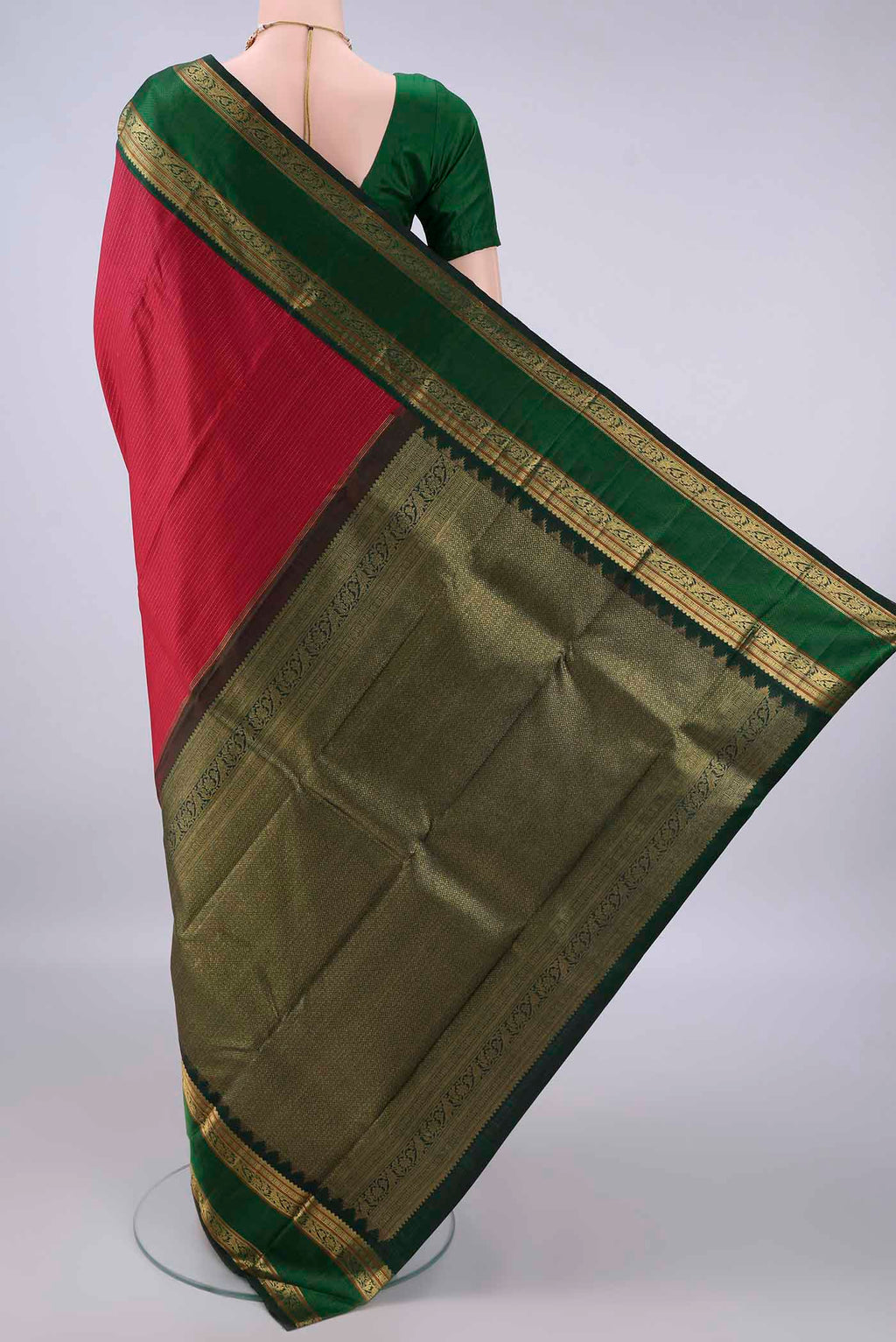 Flat view of Pure Silk Deep Red Kanchipuram Saree with Stripes on the body and Zari Border. 