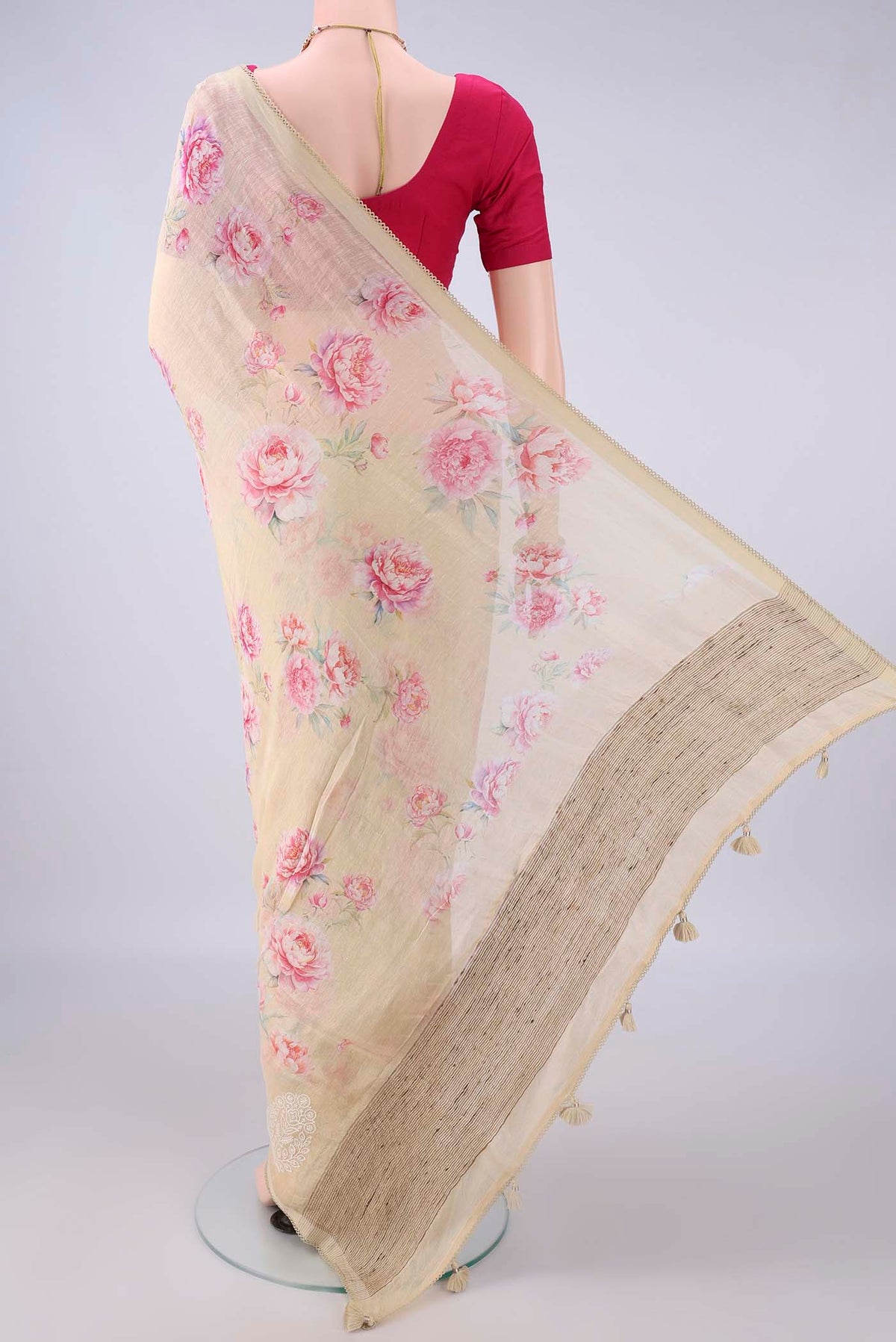 Flat view of Sandal Linen Saree with Floral Print on the body and Without Border. 
