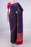 Navy Blue Mysore Crepe Saree with Stripes on the body and Zari Border.  displayed on a mannequin