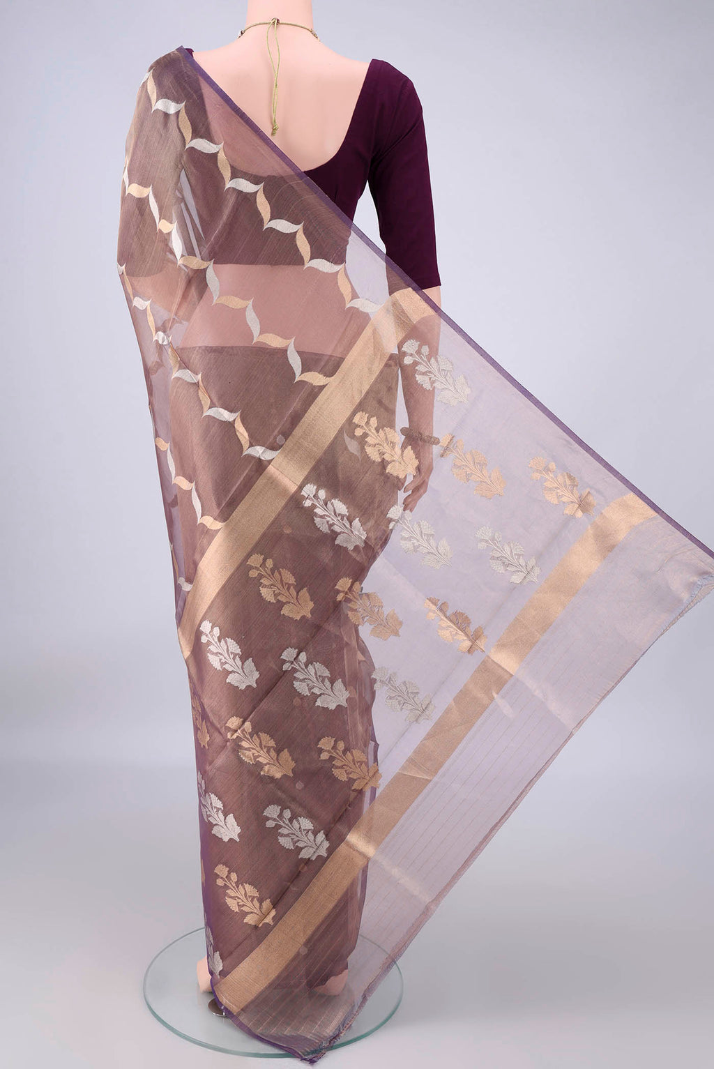 Flat view of Purple Organza Saree with Fancy on the body and Fancy Border. 