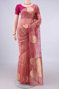 Golden Peach Organza Saree with Stripes on the body and Without Border.  displayed on a mannequin