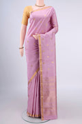 Pure Silk Rose pink Kanjivaram Saree with Zari Butta on the body and Zari Border.  displayed on a mannequin