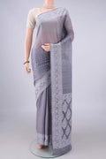 Grey Blended Banarasi Georgette Saree with Thread Butta on the body and Thread Border.  displayed on a mannequin
