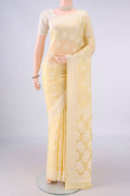 Yellow Blended Banarasi Georgette Saree with Thread Brocade on the body and Thread Border.  displayed on a mannequin
