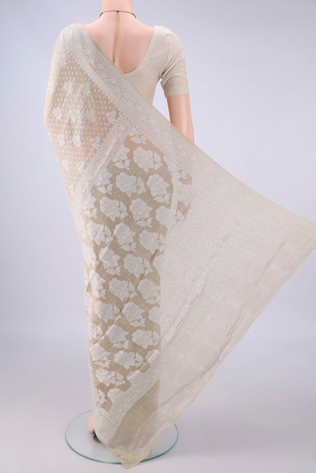 Flat view of Beige Blended Banarasi Georgette Saree with Thread Brocade on the body and Thread Border. 