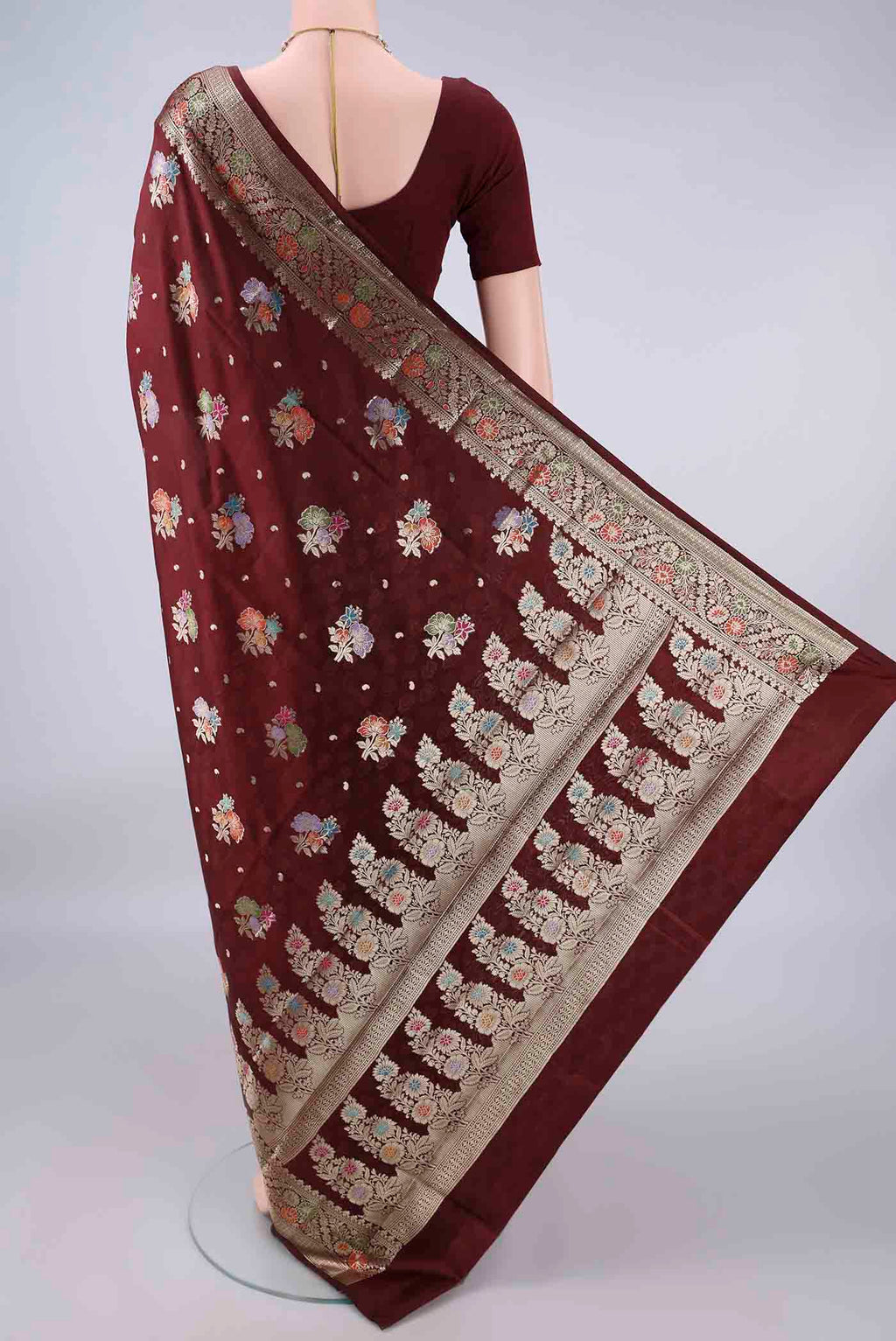 Flat view of Pure Silk Coffee Brown Banarasi Raw Saree with Zari Butta on the body and Zari And Thread Border. 