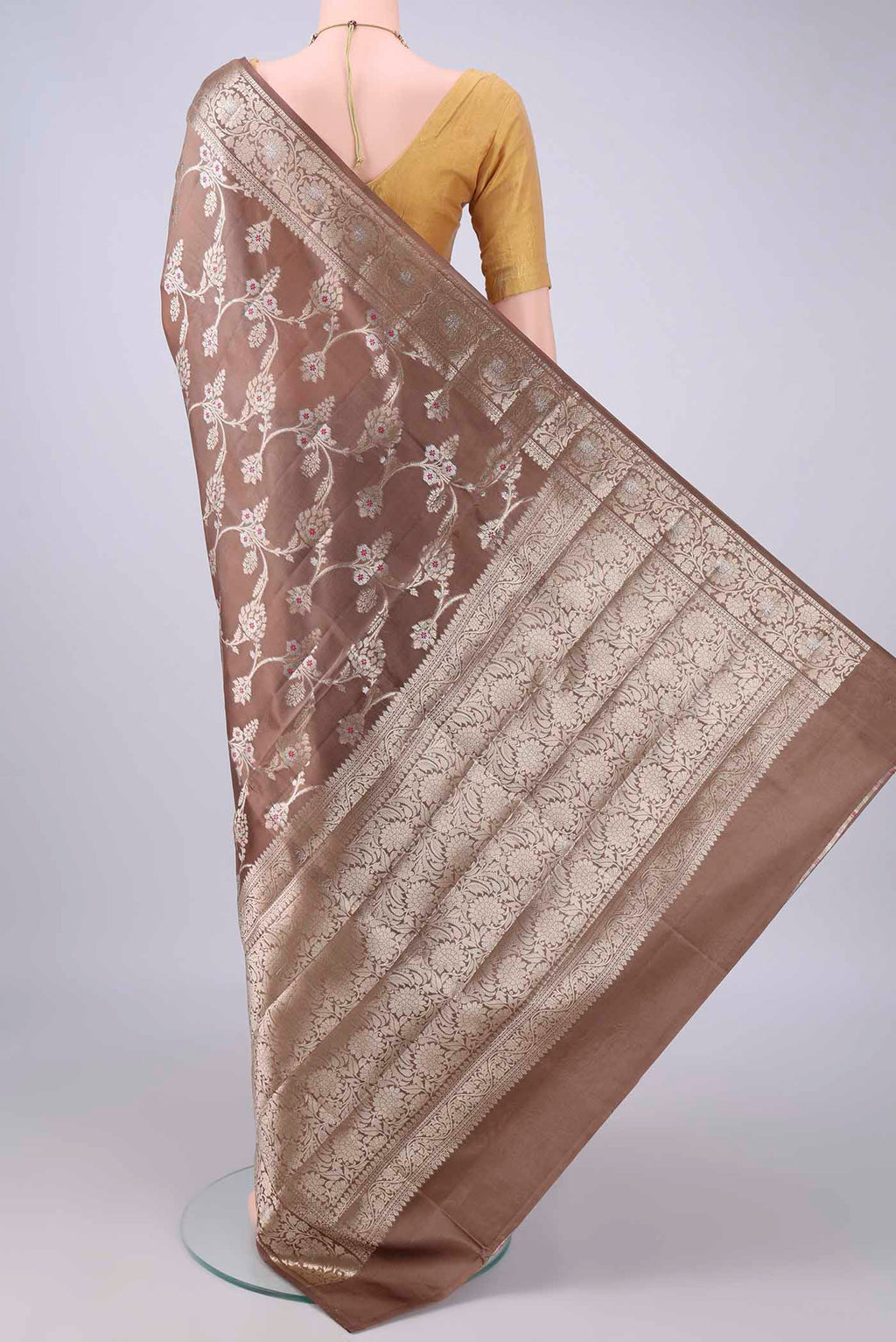 Flat view of Pure Silk Bronze Banarasi Raw Saree with Zari Butta on the body and Zari Border. 
