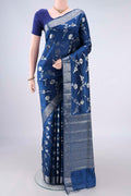 Pure Silk Blue Banarasi Raw Saree with Zari Butta on the body and Zari Border.  displayed on a mannequin